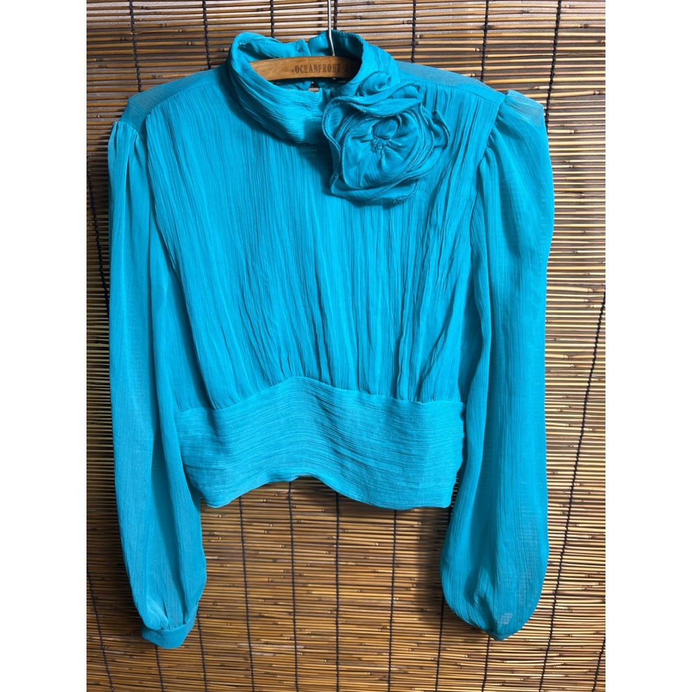 Turquoise Blue Rosette High Neck Blouse Smocked Back Long Sleeve Top M C19